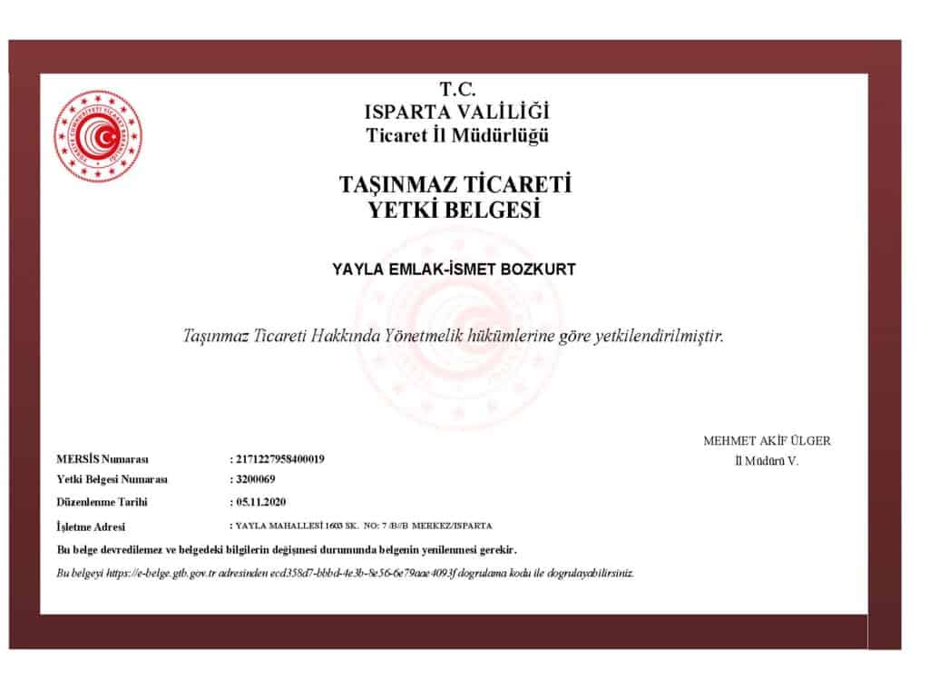 Isparta Yayla Emlak Yetki Belgesi